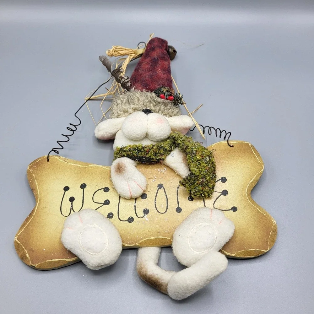 Vintage Puppy Dog Welcome Sign Wooden Wall Door 3D Hanging Plush Wood